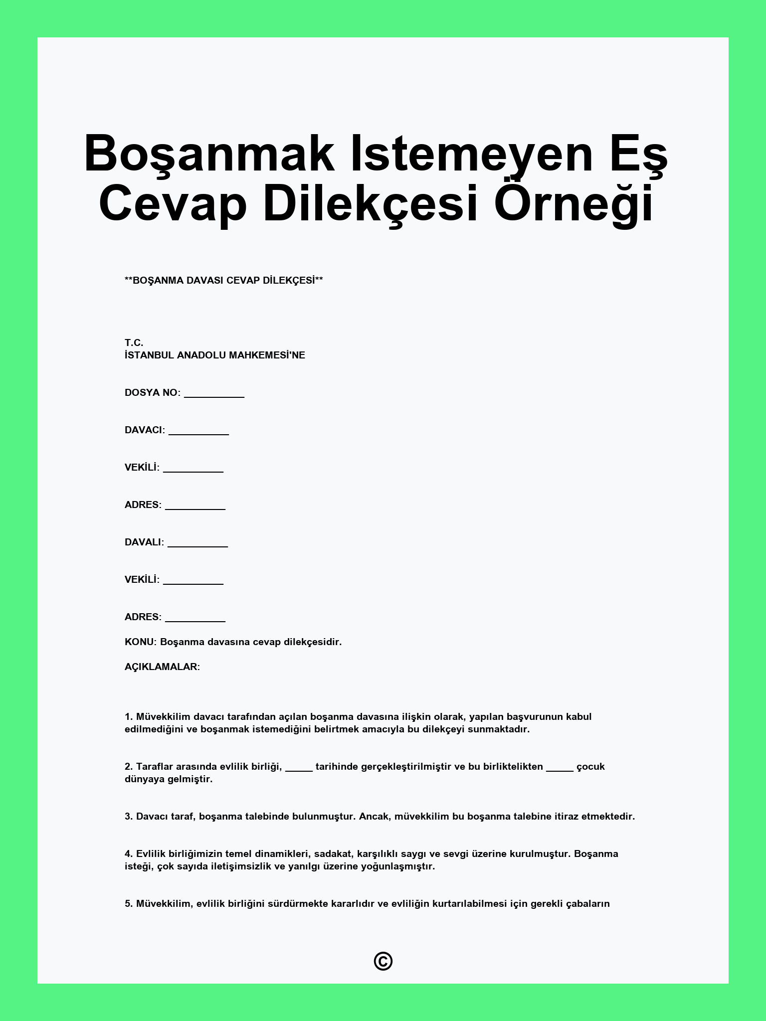 Boşanmak Istemeyen Eş Cevap Dilekçesi Örneği