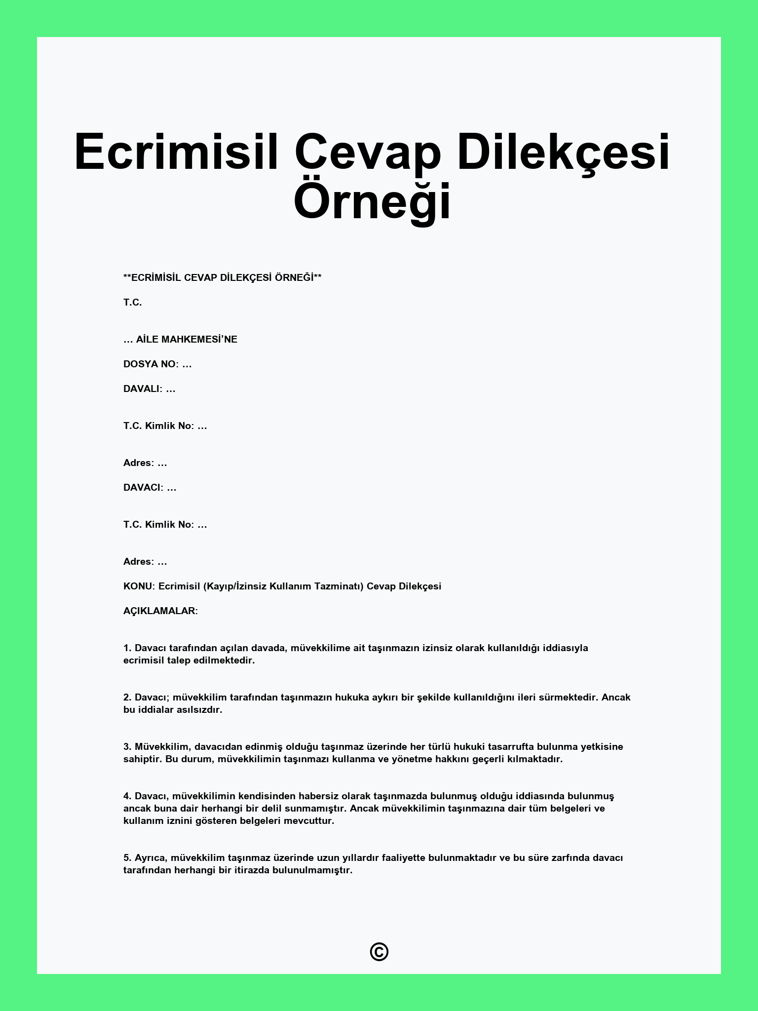 Ecrimisil Cevap Dilekçesi Örneği