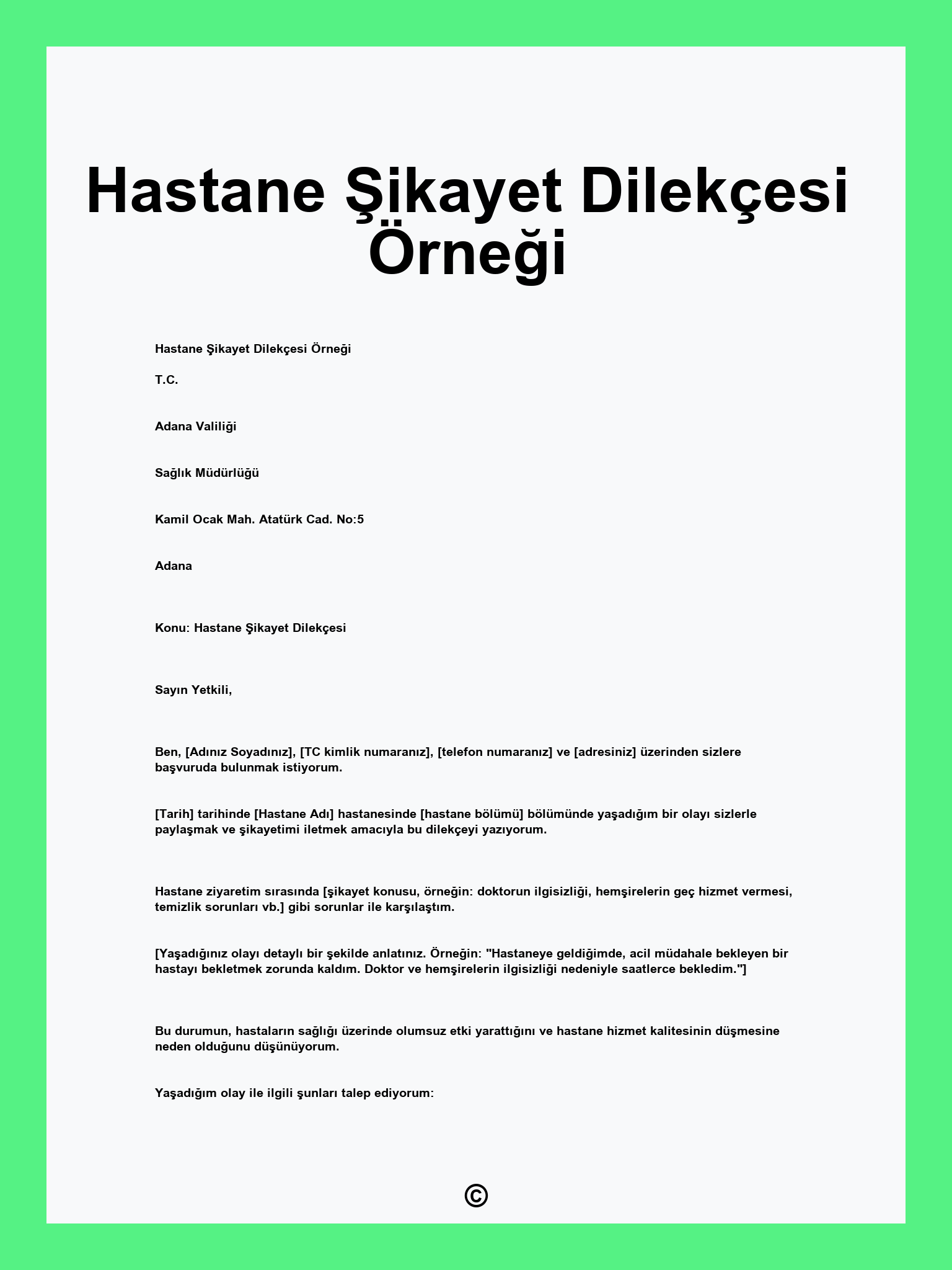 Hastane Şikayet Dilekçesi Örneği