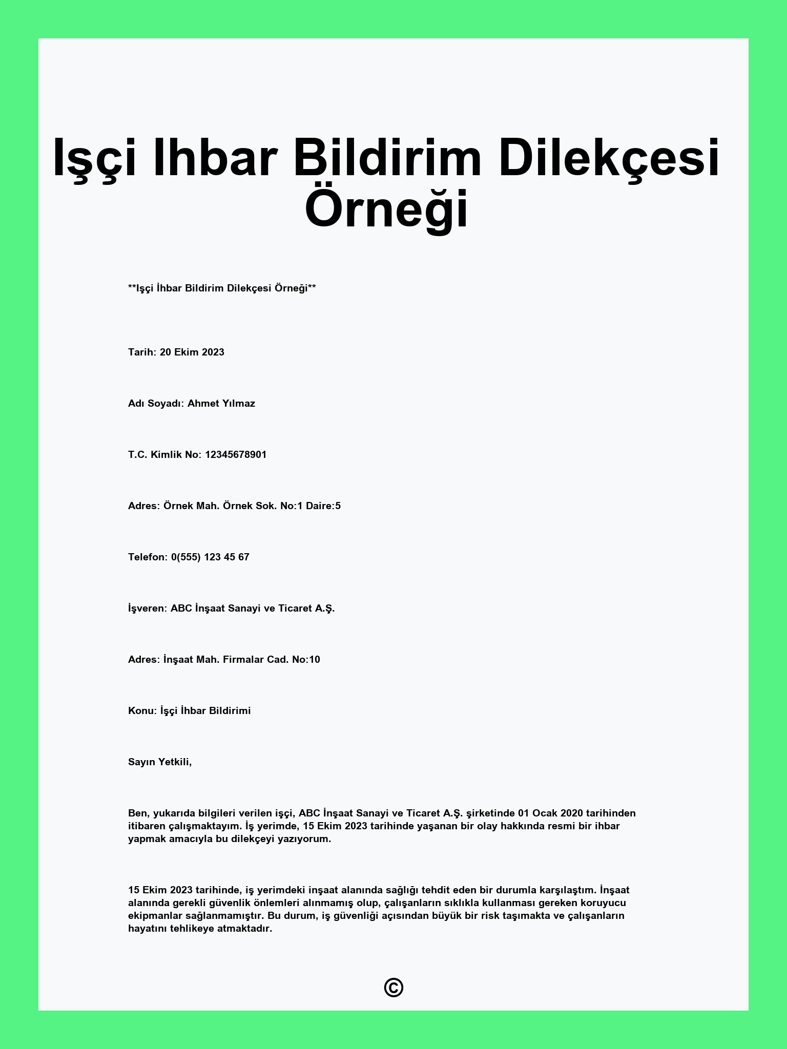 Işçi Ihbar Bildirim Dilekçesi Örneği