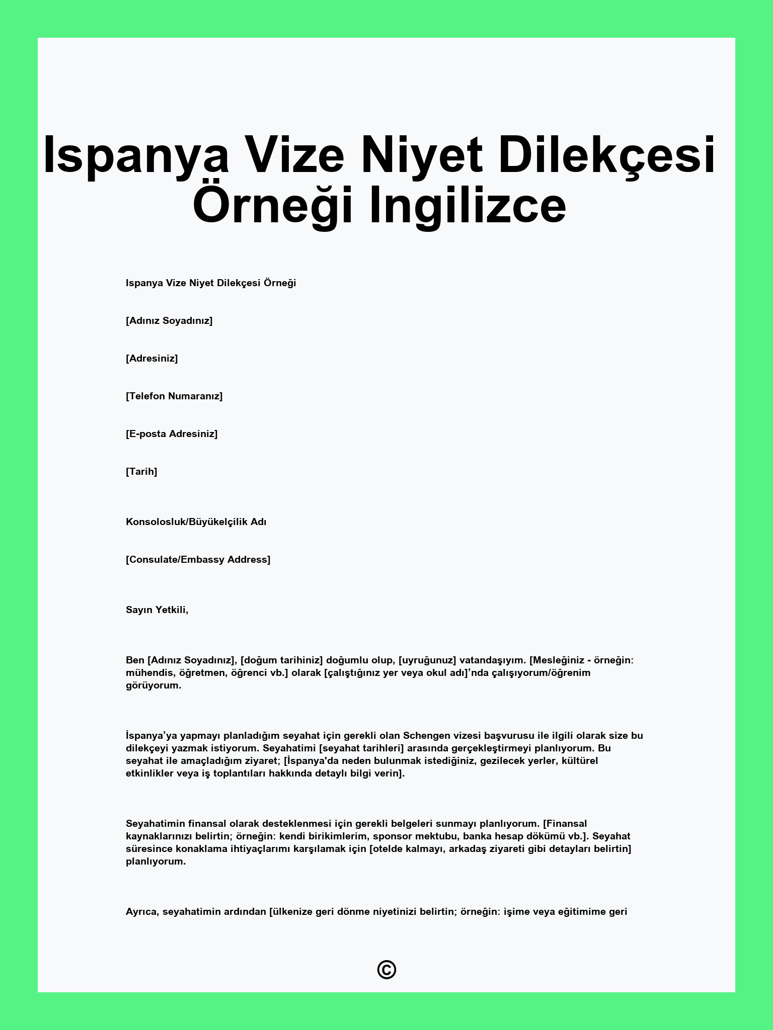 Ispanya Vize Niyet Dilekçesi Örneği Ingilizce