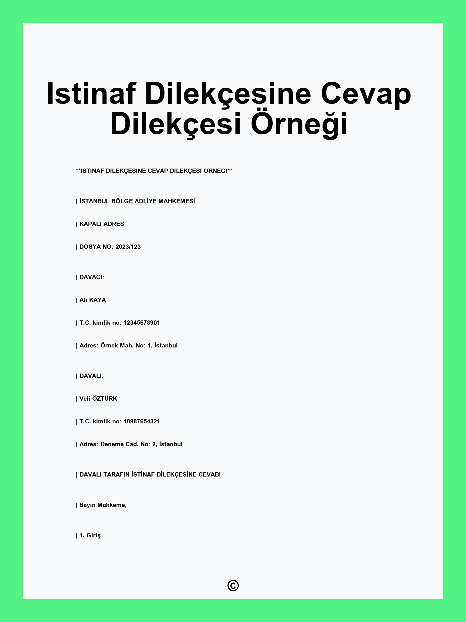 Istinaf Dilekçesine Cevap Dilekçesi Örneği