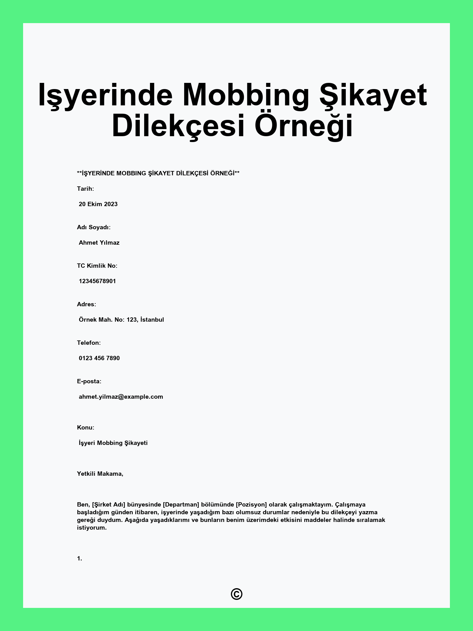 Işyerinde Mobbing Şikayet Dilekçesi Örneği