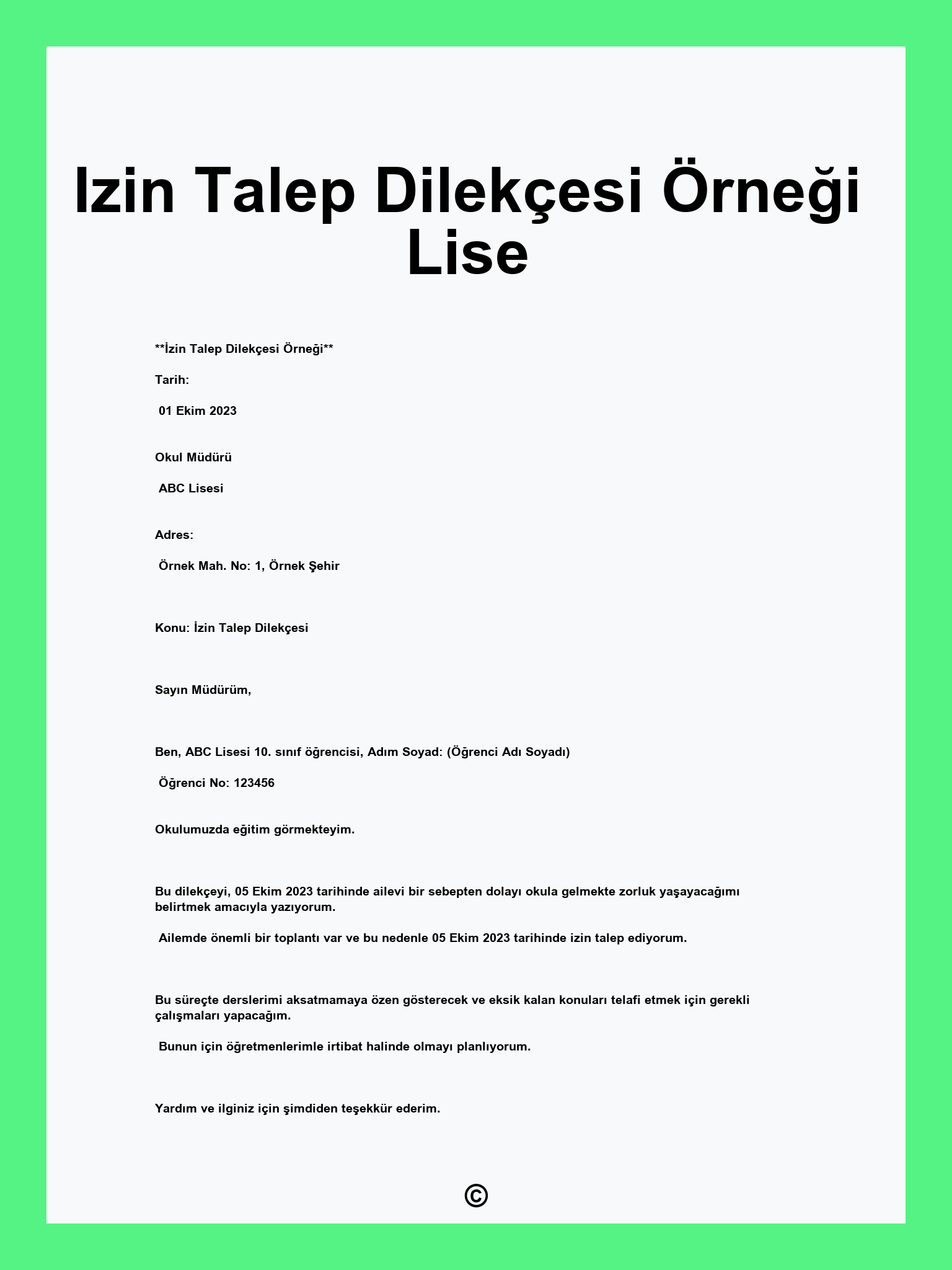 Izin Talep Dilekçesi Örneği Lise