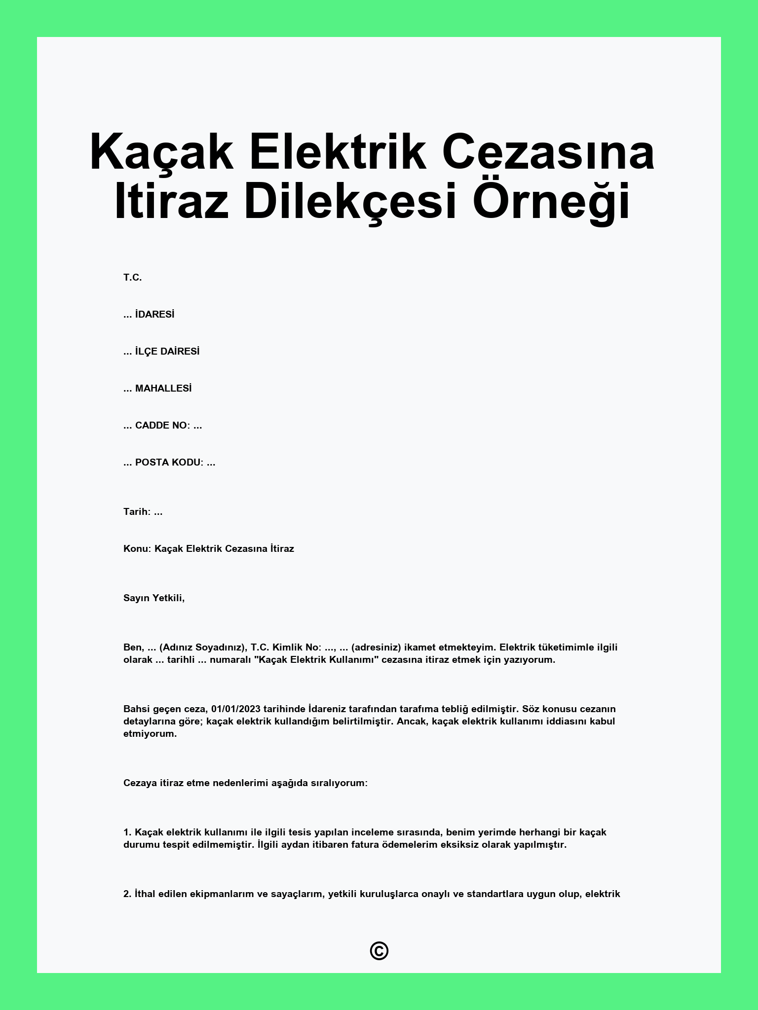 Kaçak Elektrik Cezasına Itiraz Dilekçesi Örneği