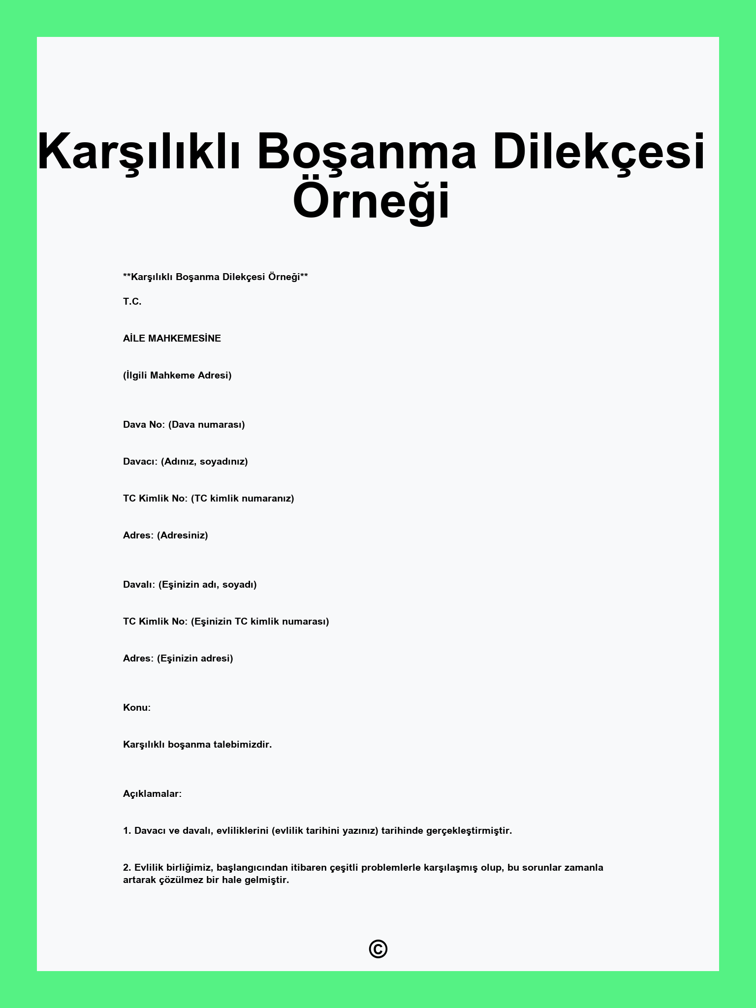 Karşılıklı Boşanma Dilekçesi Örneği