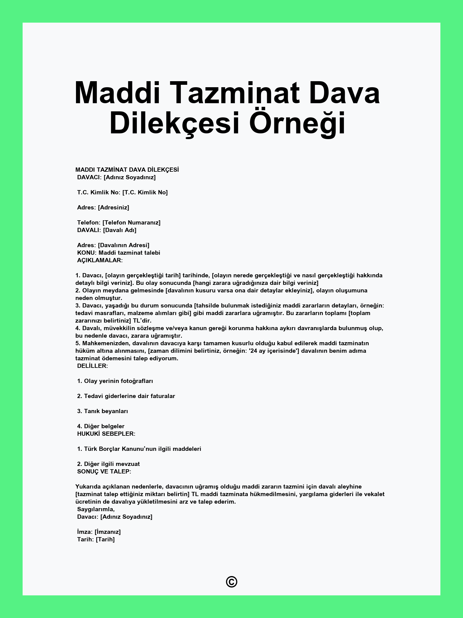 Maddi Tazminat Dava Dilekçesi Örneği