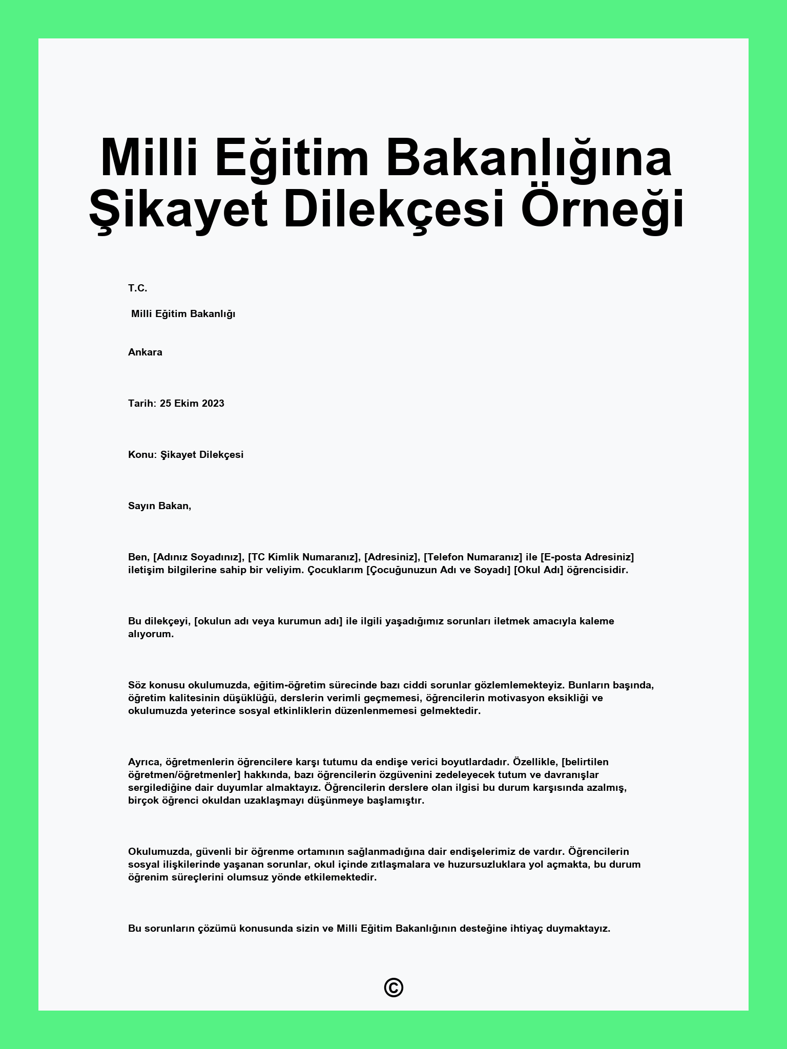 Milli Eğitim Bakanlığına Şikayet Dilekçesi Örneği