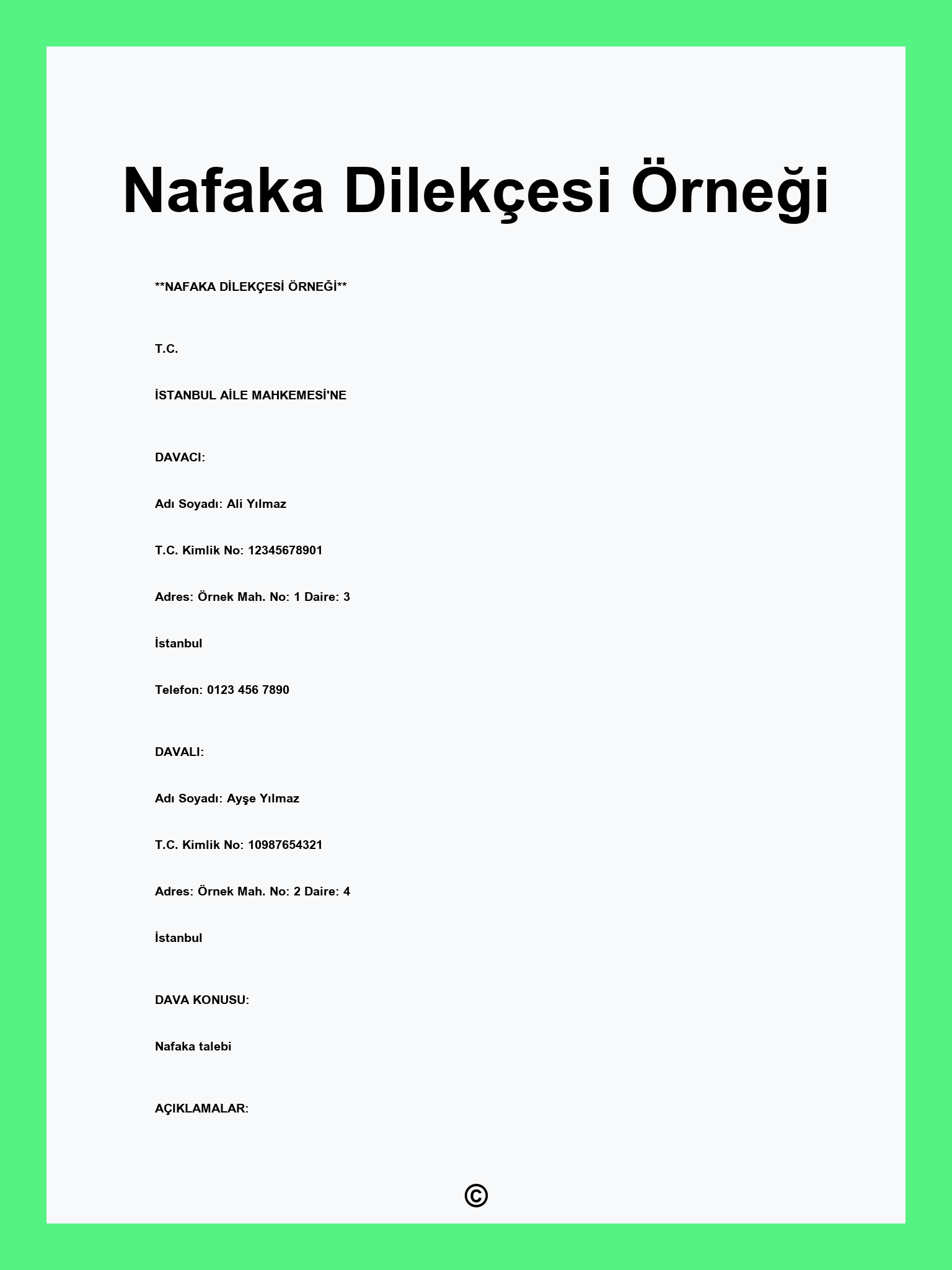 Nafaka Dilekçesi Örneği
