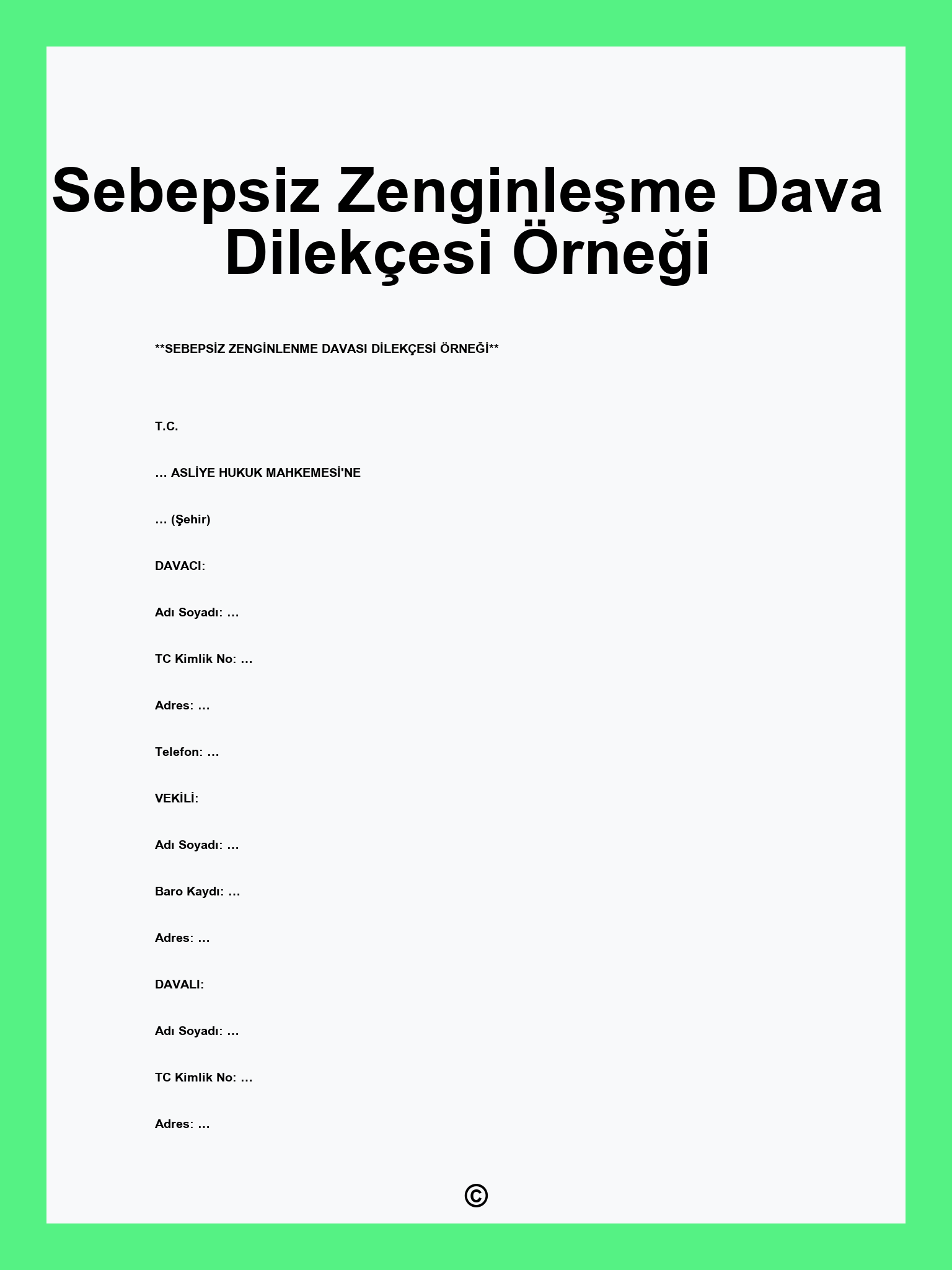 Sebepsiz Zenginleşme Dava Dilekçesi Örneği