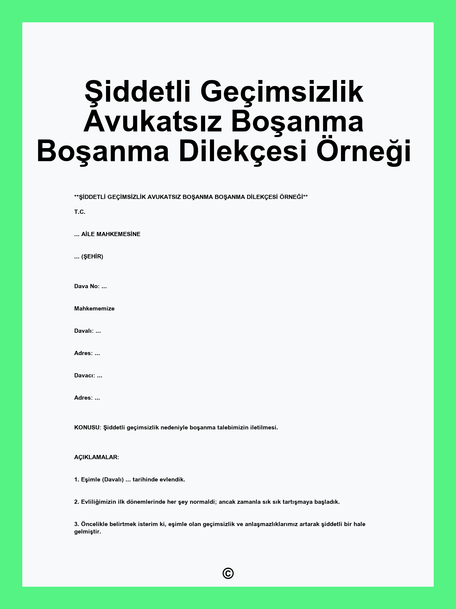 Şiddetli Geçimsizlik Avukatsız Boşanma Boşanma Dilekçesi Örneği