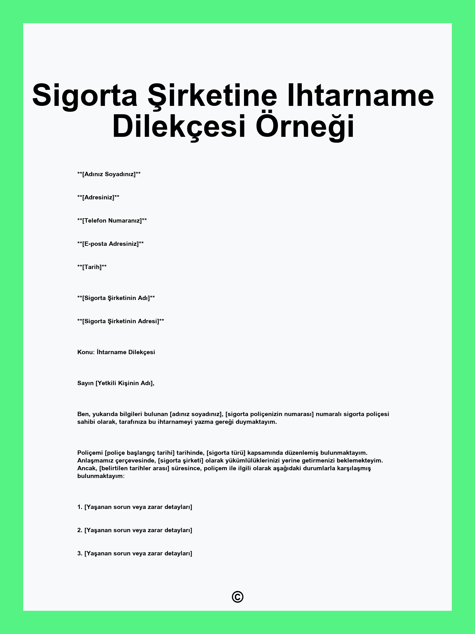 Sigorta Şirketine Ihtarname Dilekçesi Örneği