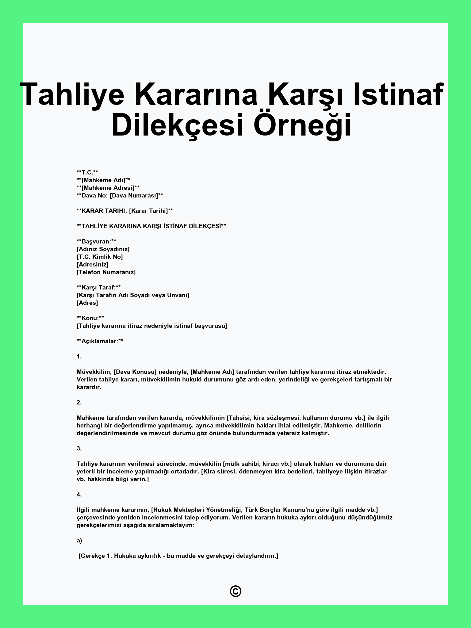 Tahliye Kararına Karşı Istinaf Dilekçesi Örneği