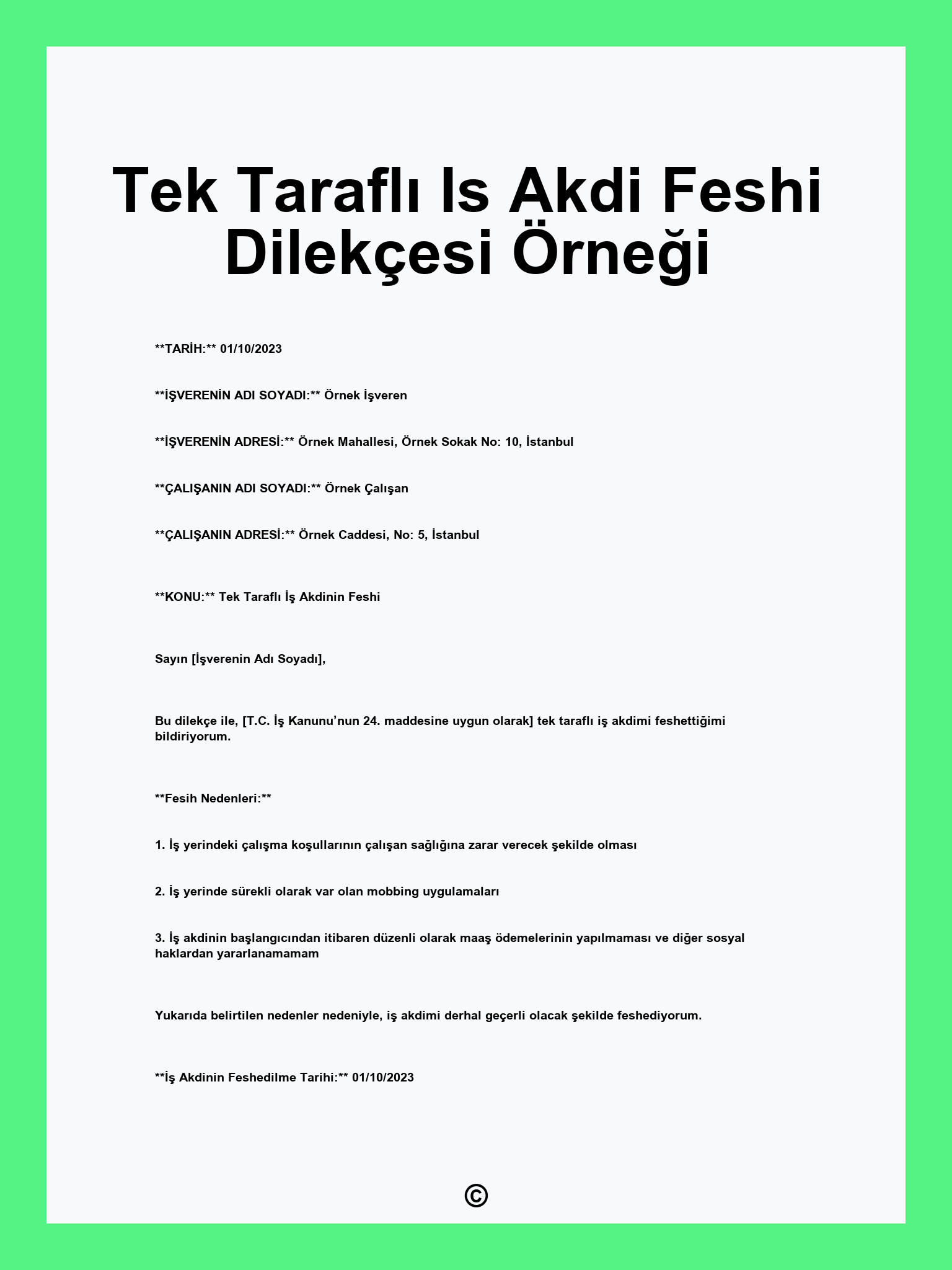 Tek Taraflı Is Akdi Feshi Dilekçesi Örneği
