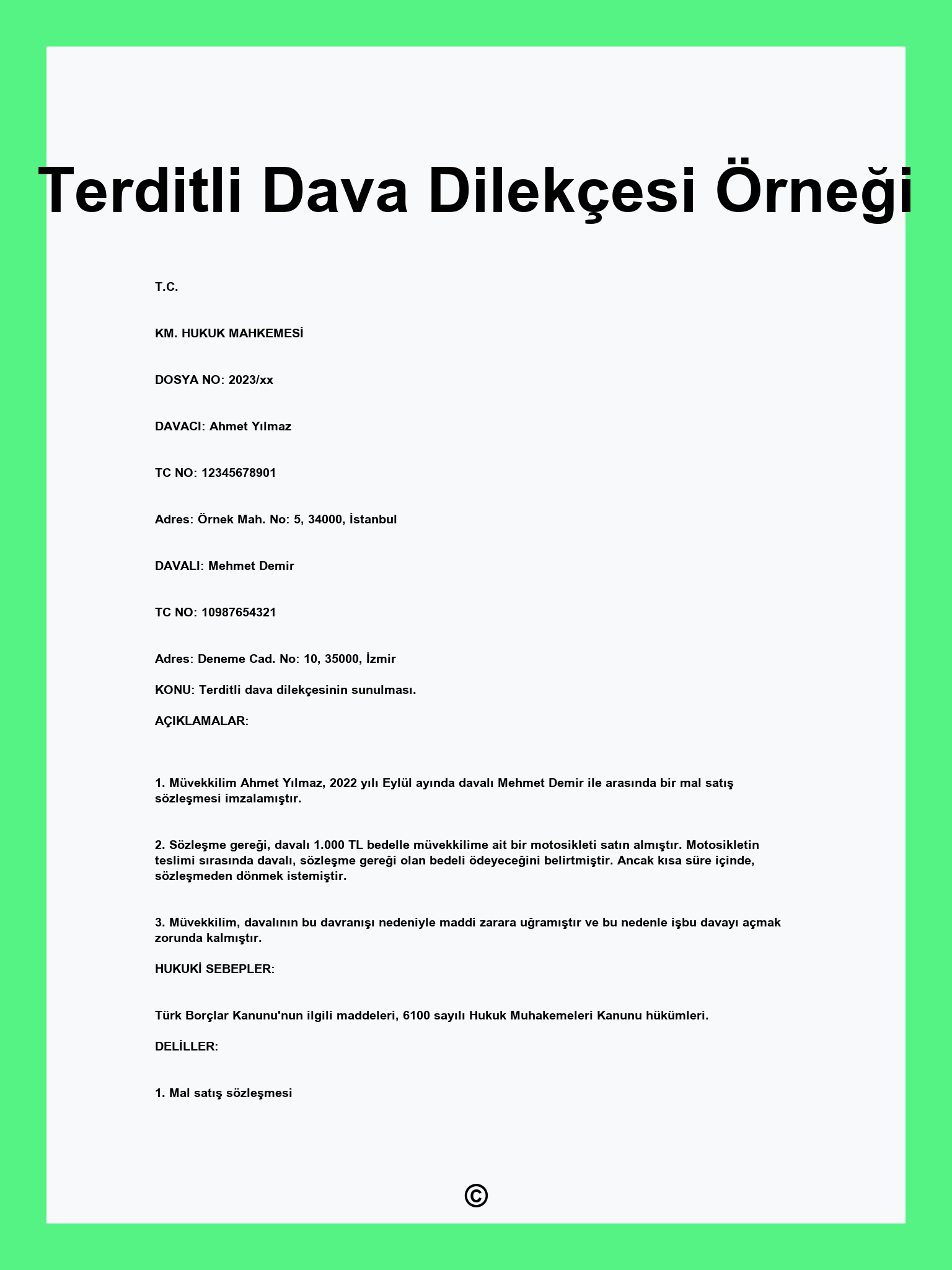 Terditli Dava Dilekçesi Örneği