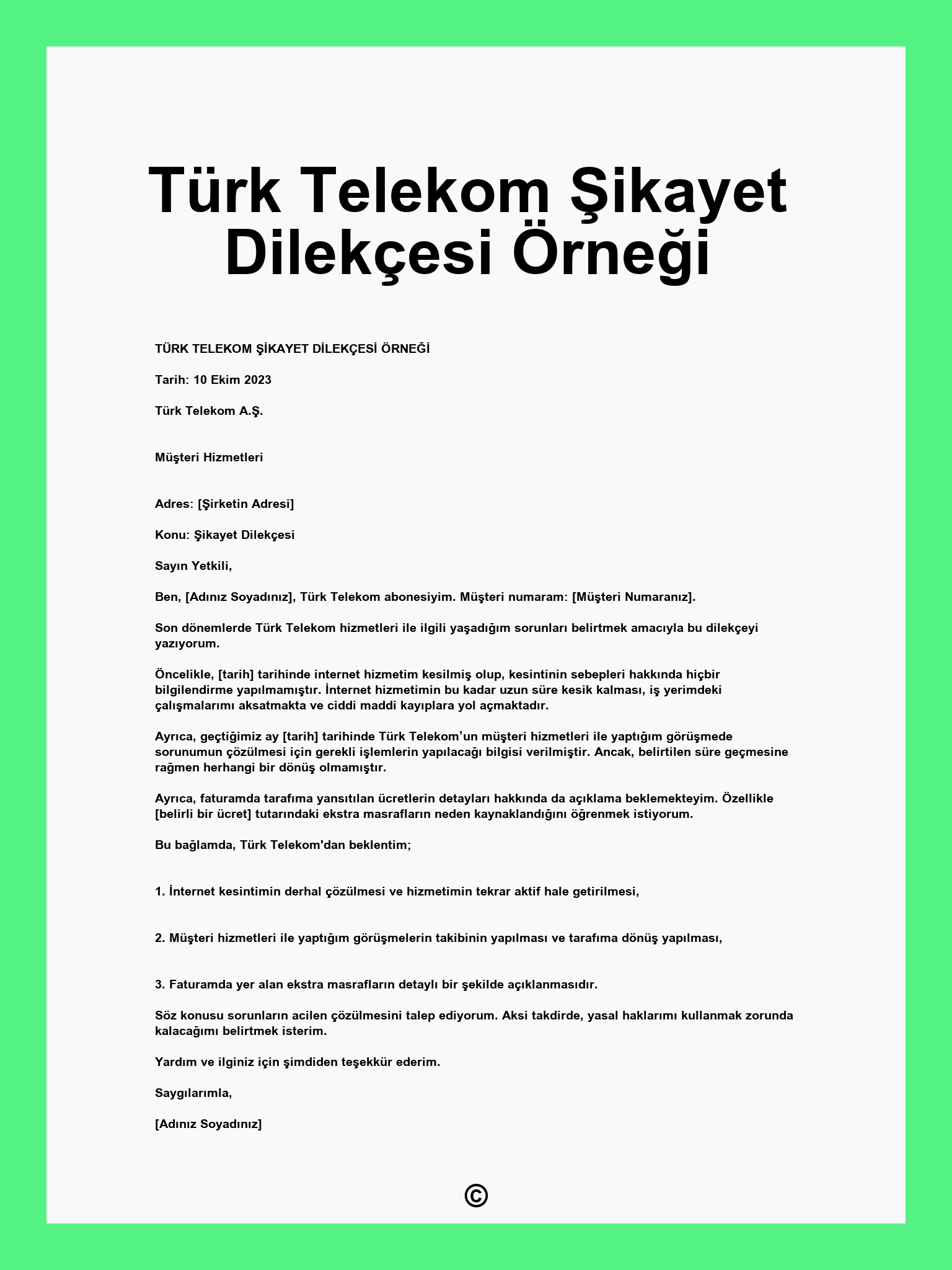 Türk Telekom Şikayet Dilekçesi Örneği