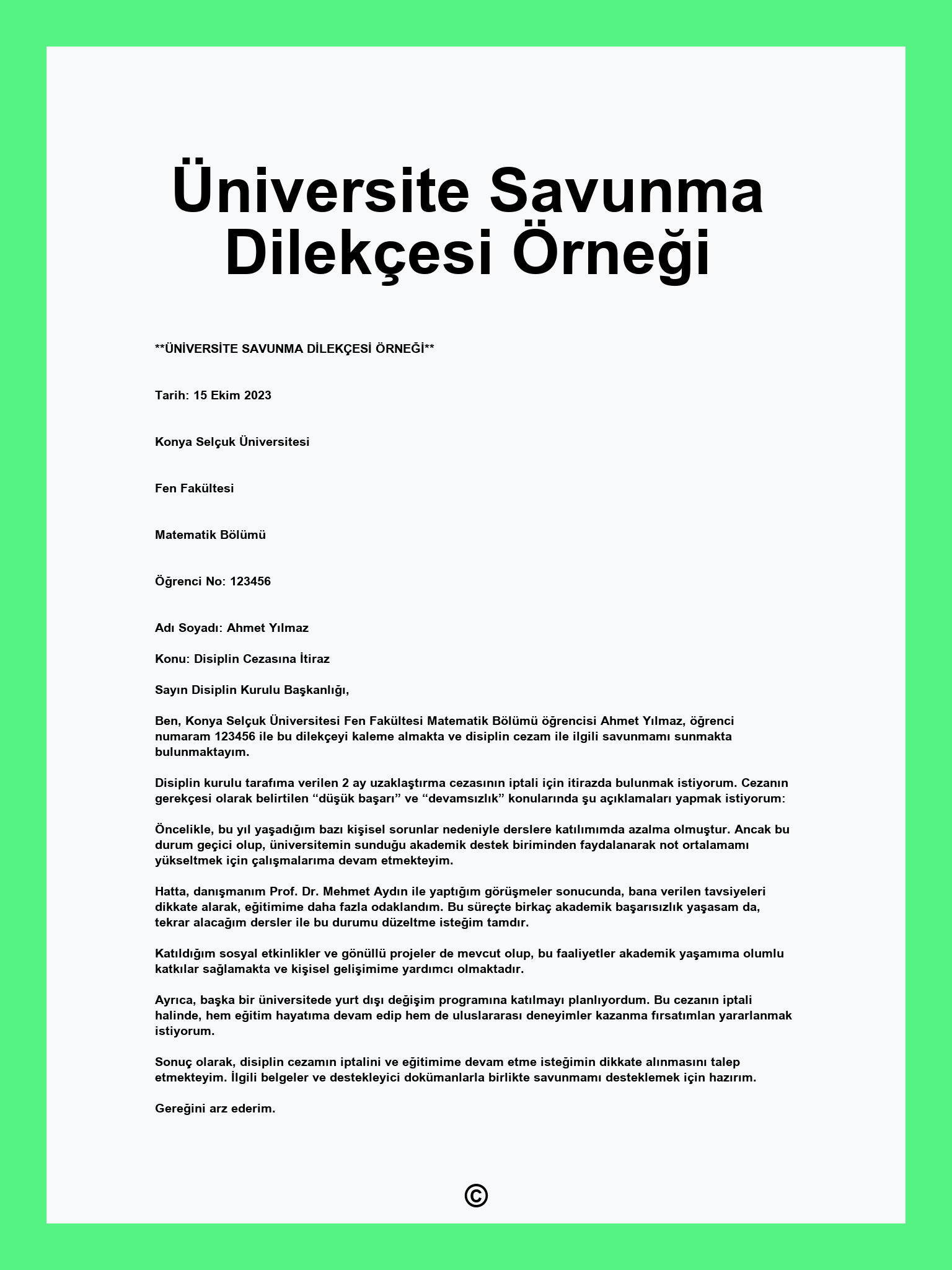 Üniversite Savunma Dilekçesi Örneği