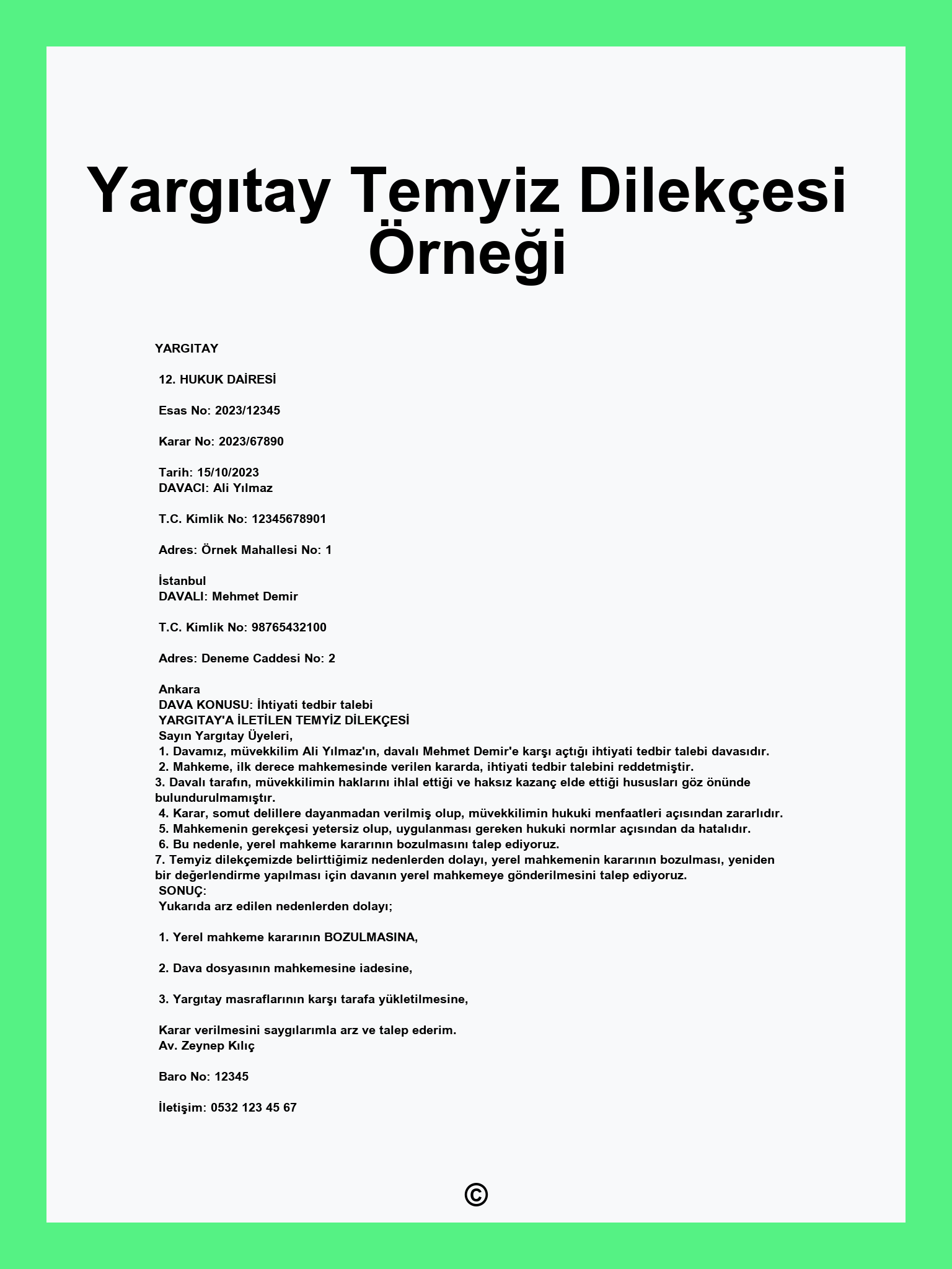 Yargıtay Temyiz Dilekçesi Örneği